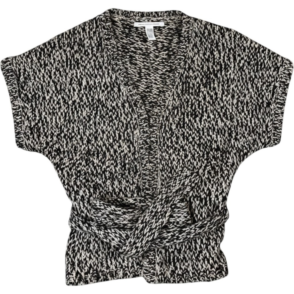 Diane von Furstenberg DVF Black Beige Wool Blend Chunky Knit Wrap Top Large